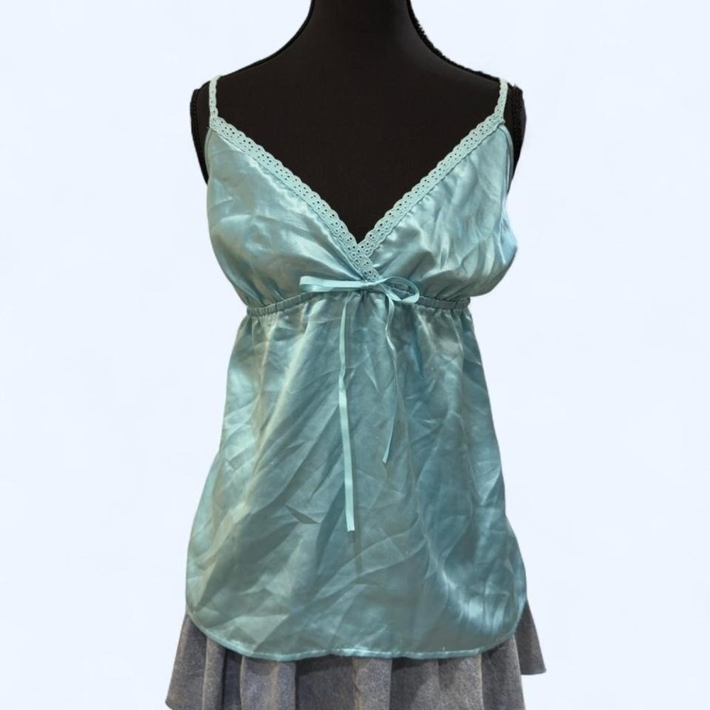 Pastel blue satin cami by Gilligan & O'Malley with delicate‎ lace trim